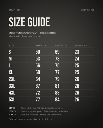 Size guide, organic tee, measurements in cm