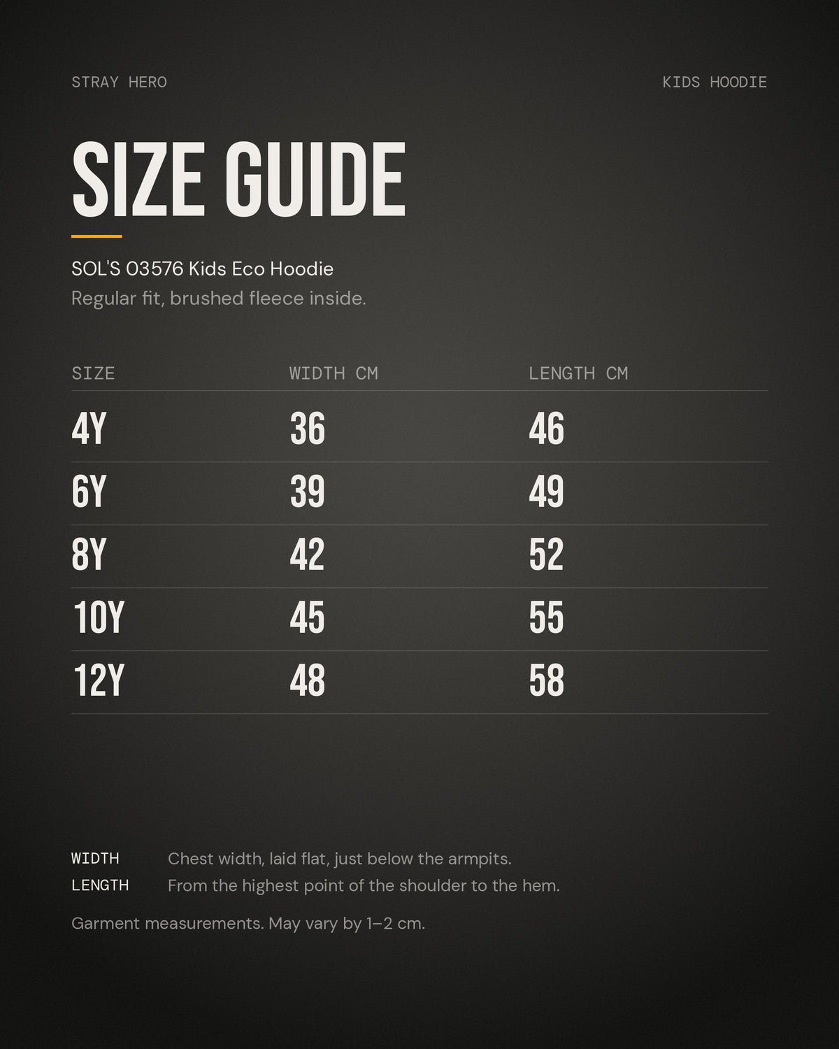 Size guide, kids hoodie, measurements in cm