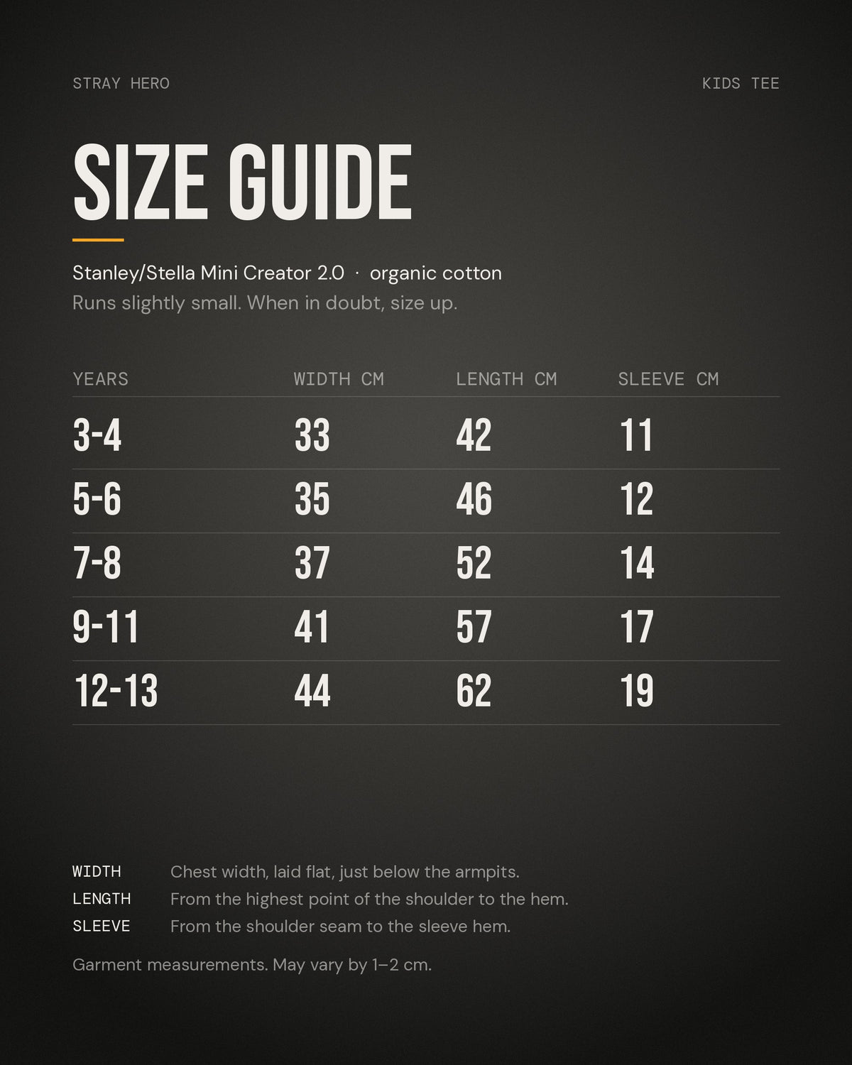 Size guide, kids tee, measurements in cm