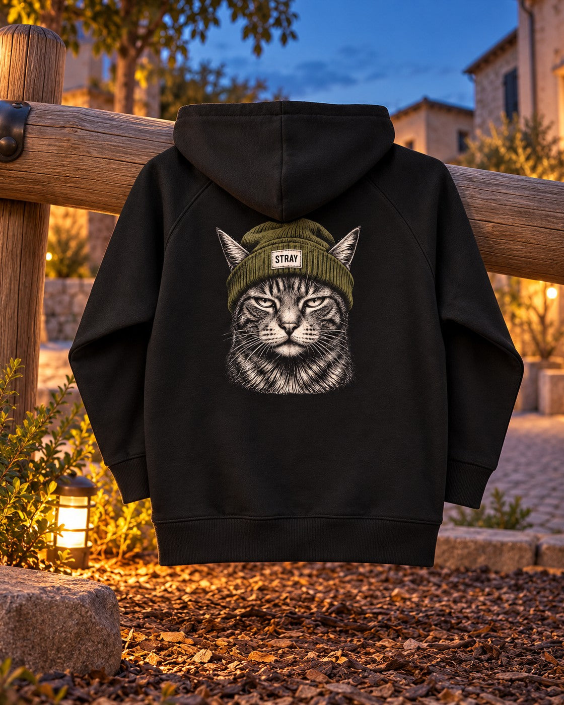 Shade Kids Hoodie, back print, black, hanging on a wooden playground fence at dusk — AI-generated visual