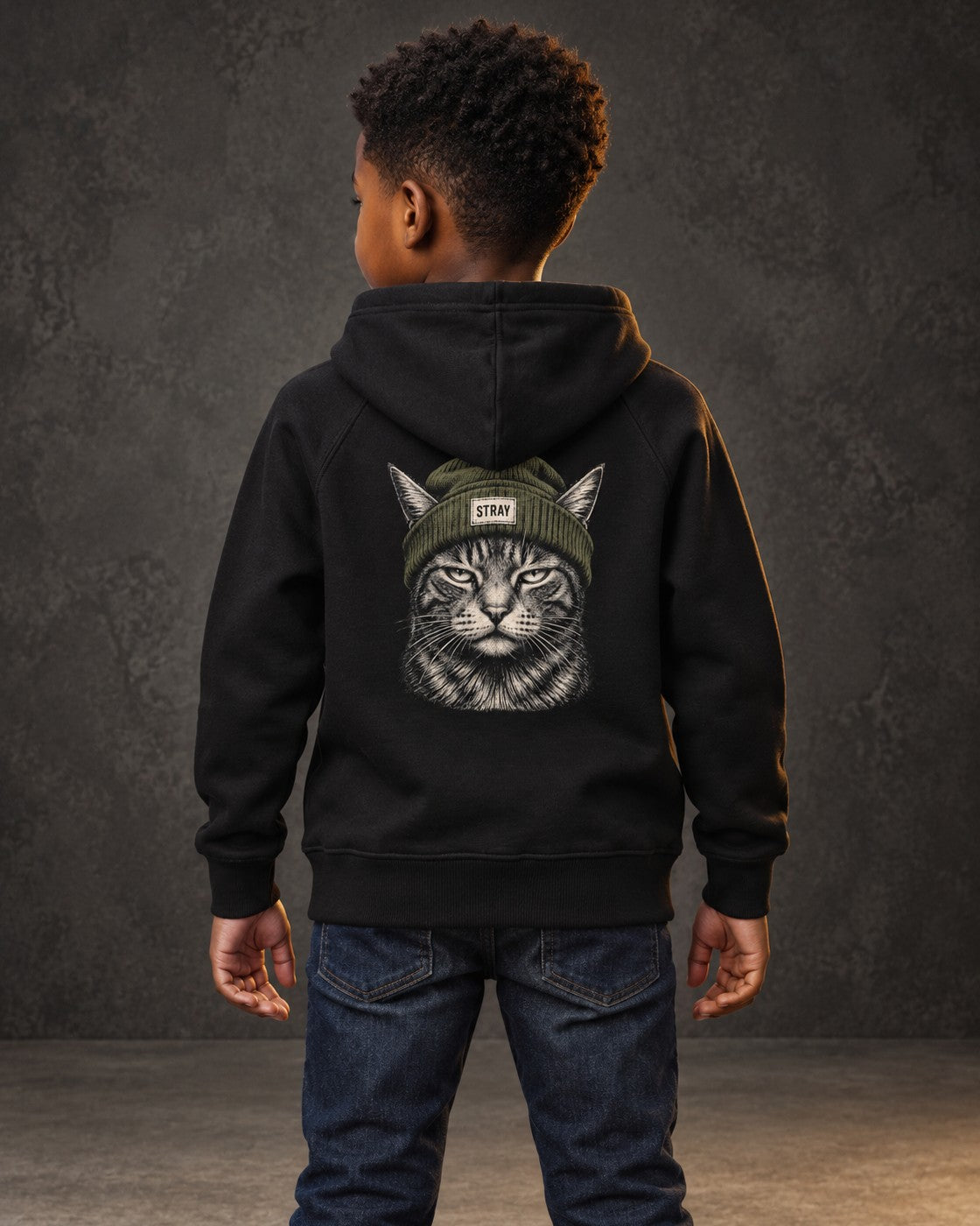Shade Kids Hoodie, worn, back print, black — AI-generated visual