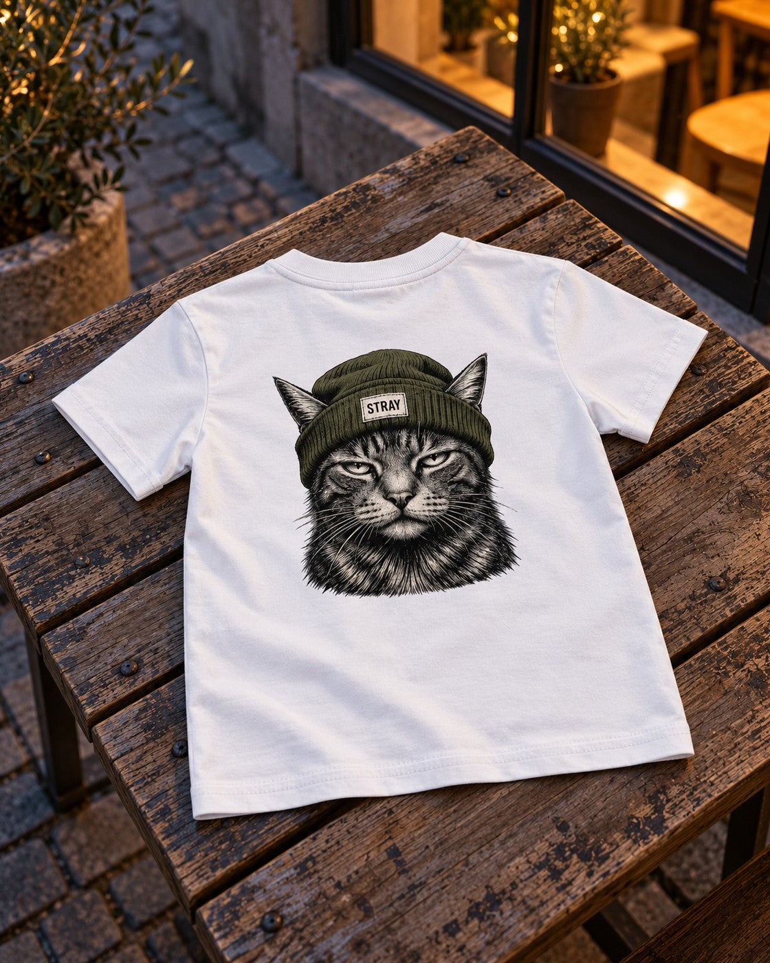 Shade Kids Tee White, back print, white, laid on a wooden café table at dusk — AI-generated visual
