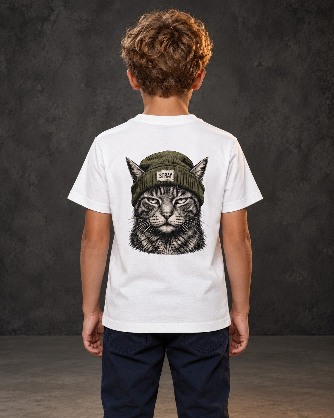 Shade Kids Tee White, worn, back print, white — AI-generated visual