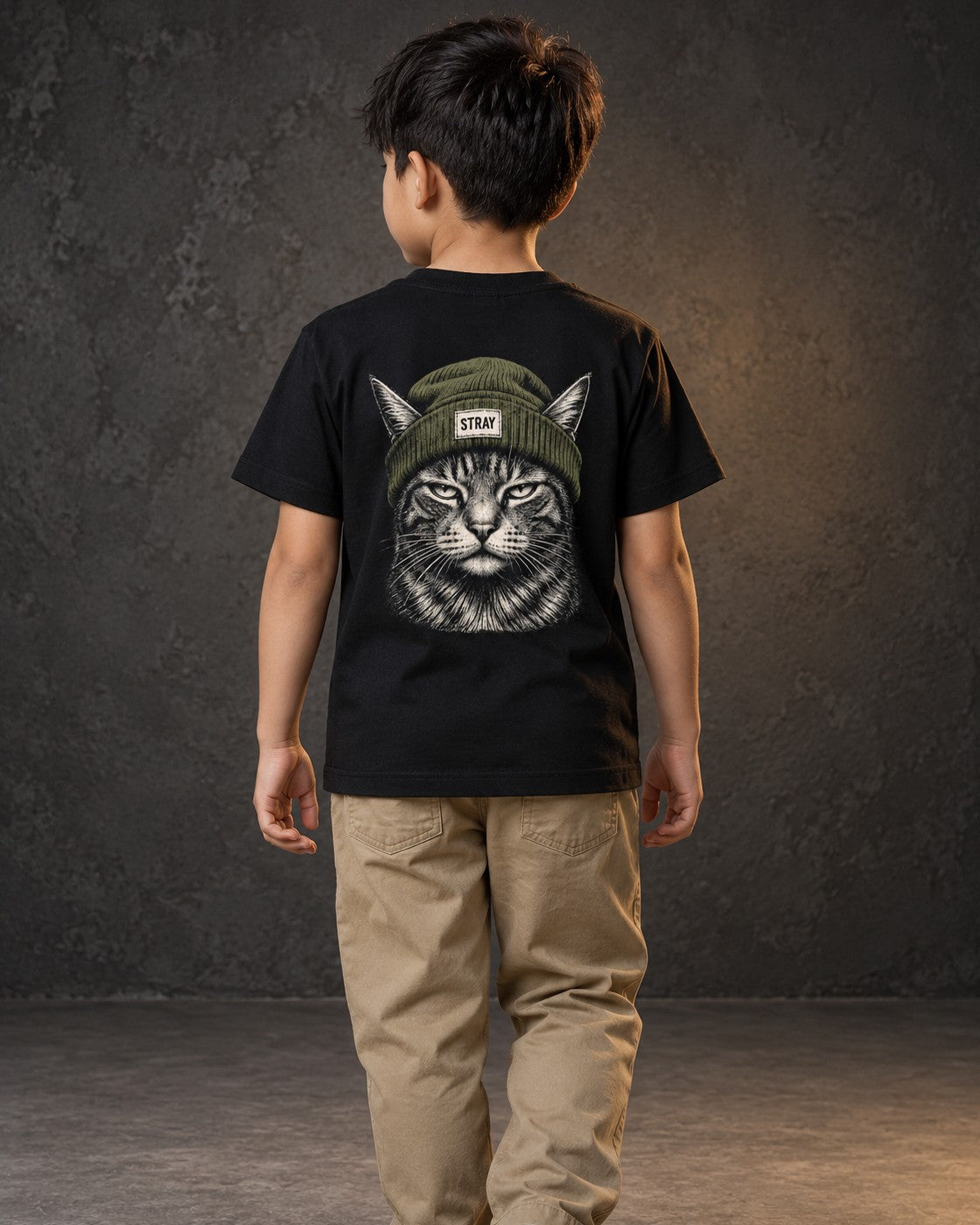 Shade Kids Tee, worn, back print, black — AI-generated visual