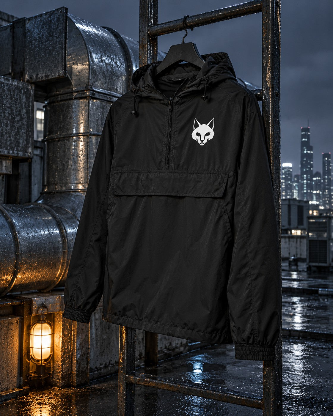 Signature Windbreaker, chest print, black, hanging on a rooftop ladder beside steel ducts and a lamp at night — AI-generated visual