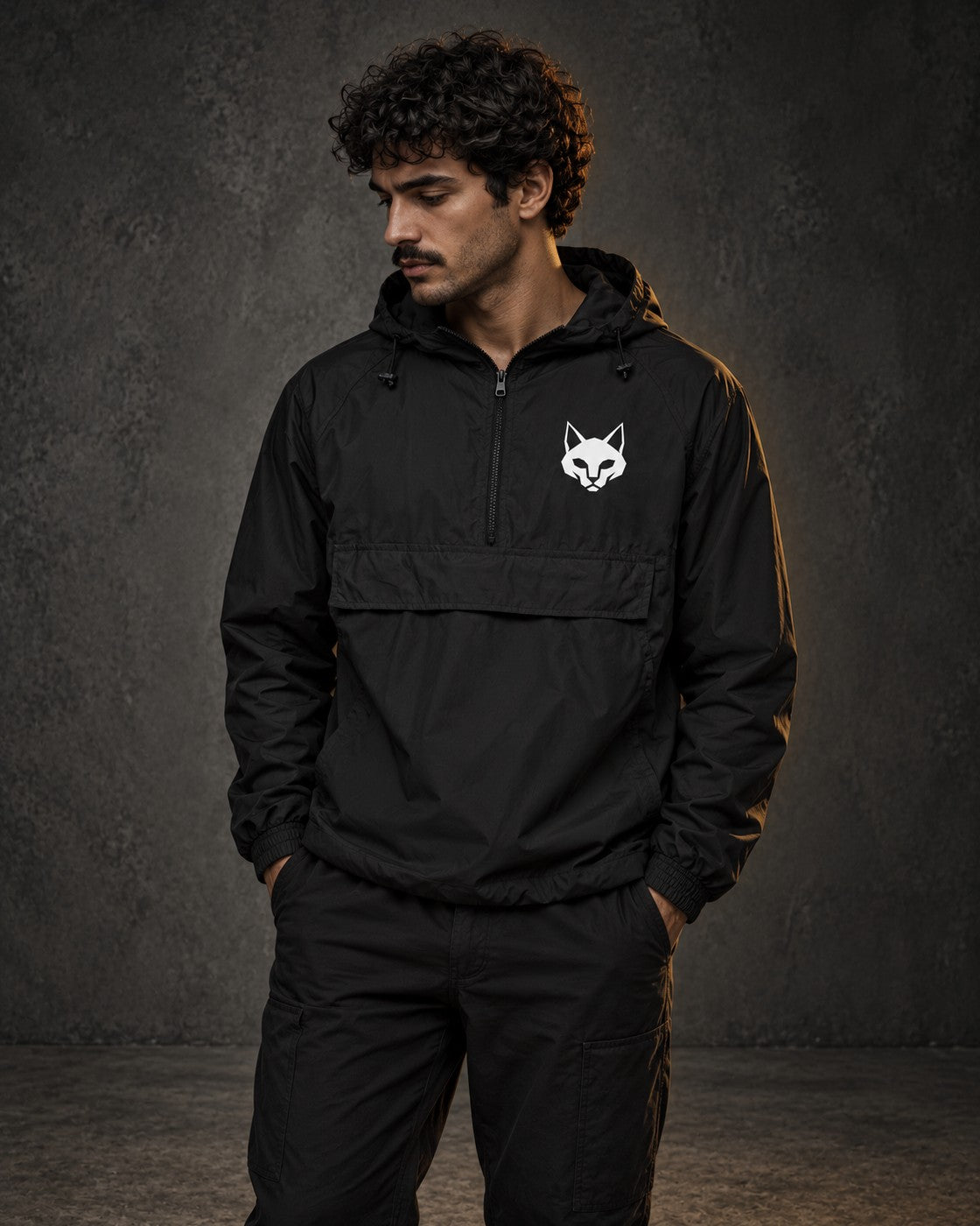 Signature Windbreaker, worn, chest print, black — AI-generated visual