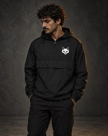 Signature Windbreaker, worn, chest print, black — AI-generated visual