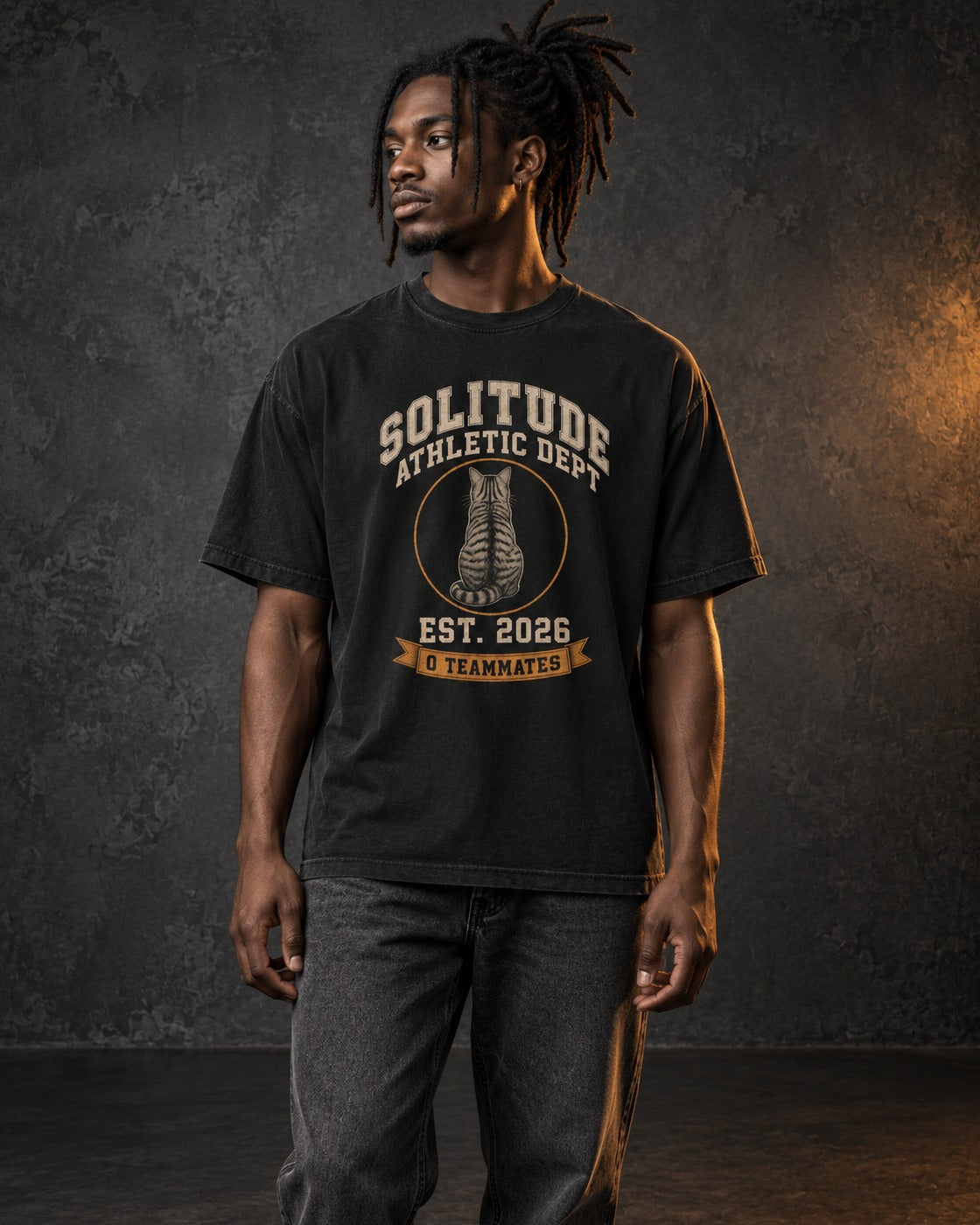 Solitude Athletic Dept. Tee, worn, front print, black — AI-generated visual