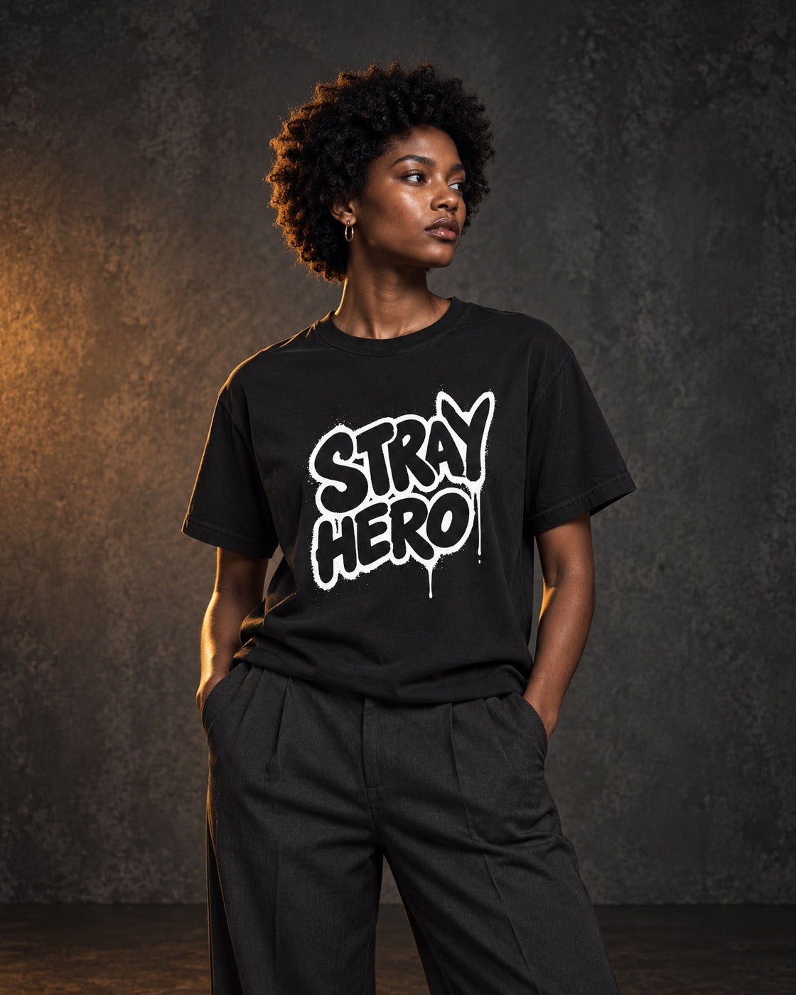 Spray Tag Tee, worn, front print, black — AI-generated visual