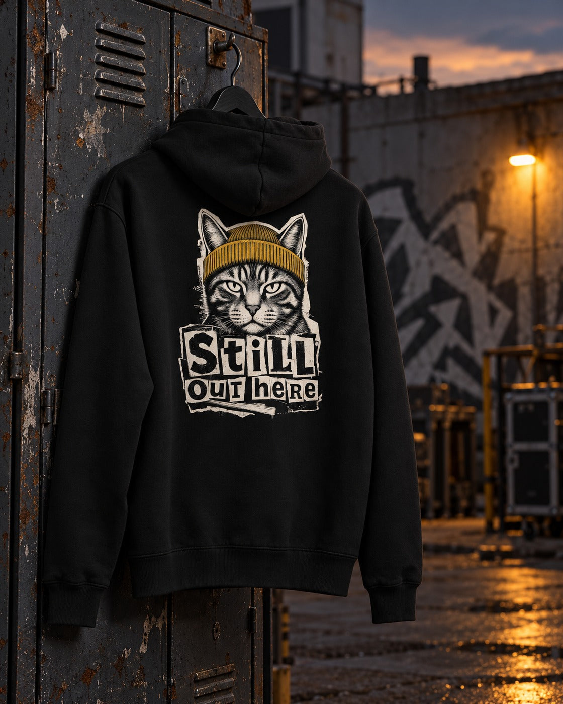 Still Out Here Hoodie, back print, black, hanging on a rusty locker door in a yard at sunset — AI-generated visual