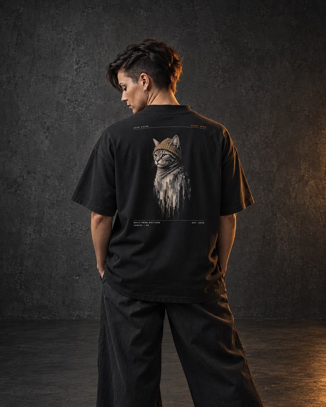 Still Wet Oversized Tee, worn, back print, black — AI-generated visual