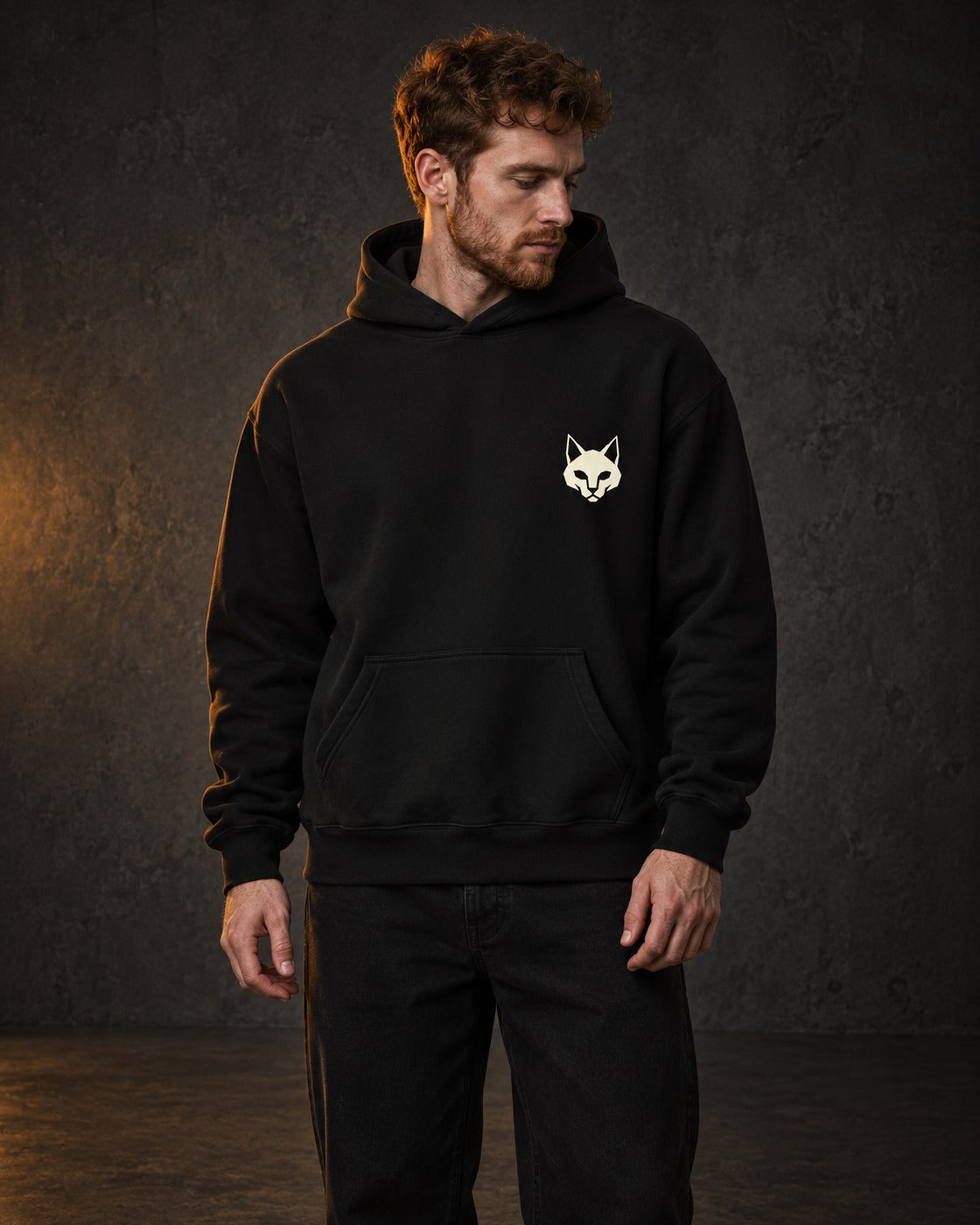 Cat Badge Hoodie, worn, front print, black — AI-generated visual