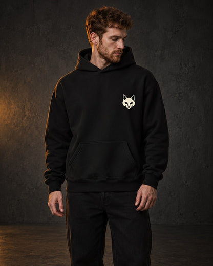 Cat Badge Hoodie, worn, front print, black — AI-generated visual