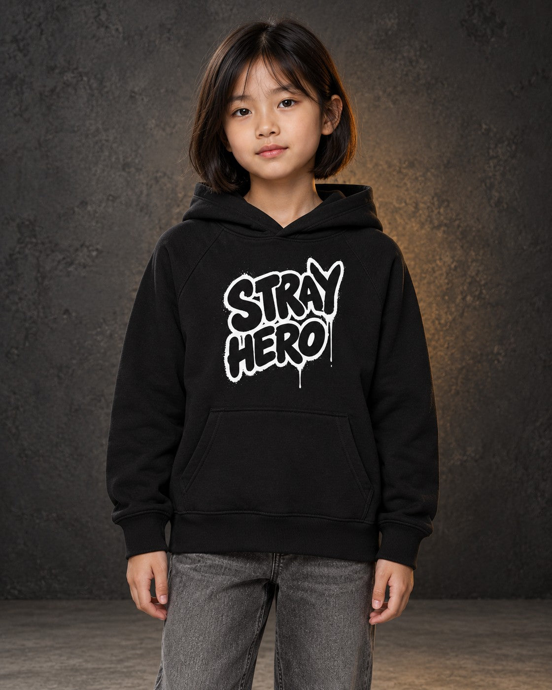Stray Hero Kids Graffiti Hoodie, worn, front print, black — AI-generated visual