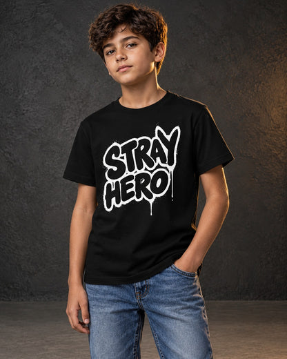 Stray Hero Kids Graffiti Tee, worn, front print, black — AI-generated visual