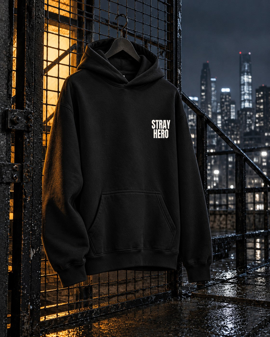 Insignia Hoodie, chest print, black, hanging on a rooftop safety cage with an amber-lit stairwell behind at night — AI-generated visual