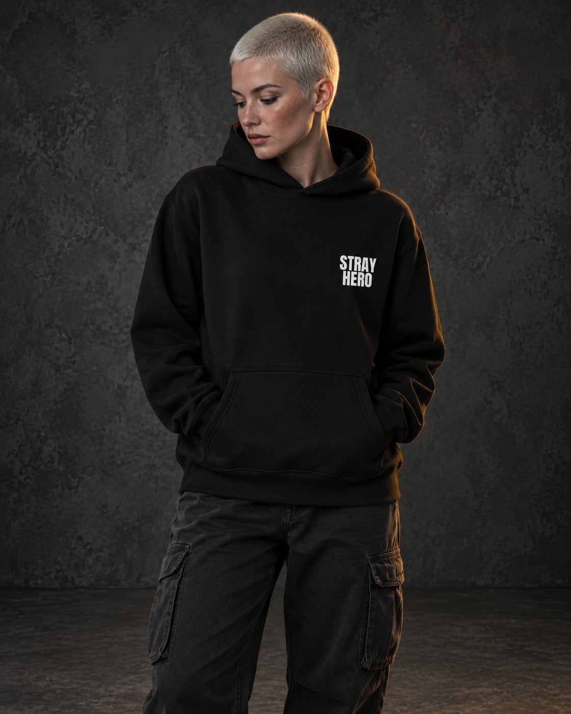 Insignia Hoodie, worn, chest print, black — AI-generated visual
