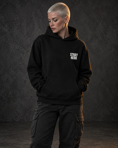 Insignia Hoodie, worn, chest print, black — AI-generated visual