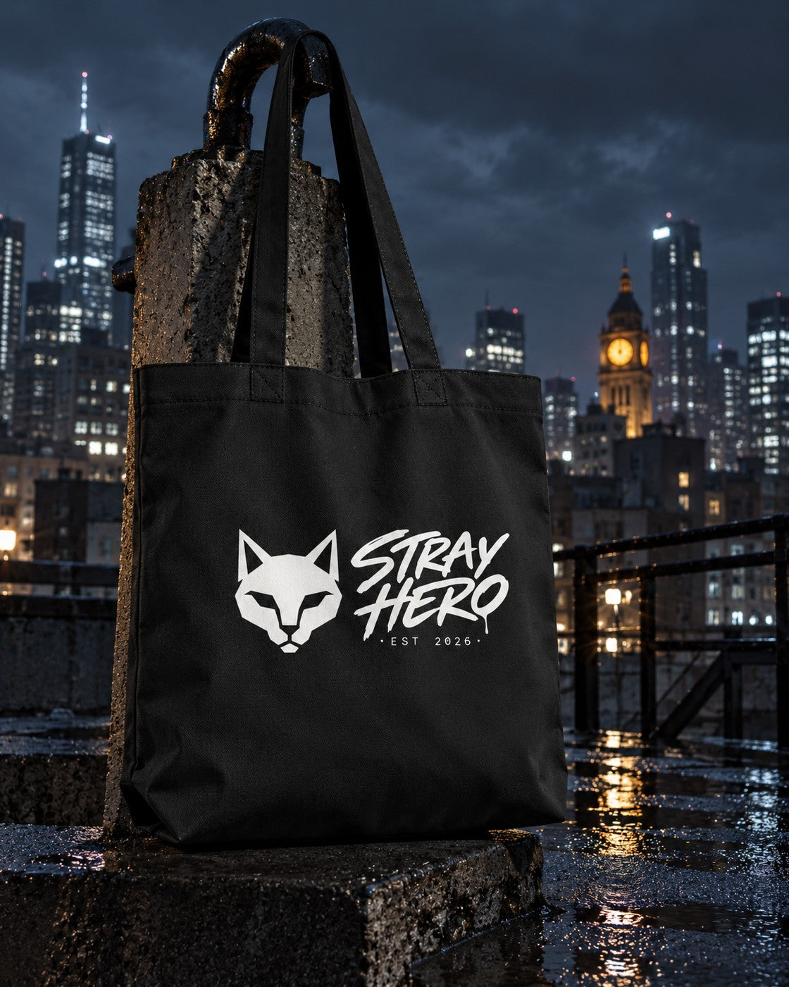 Stray Logo Organic Tote, front print, black, hanging on a rooftop vent pipe with the skyline at night — AI-generated visual