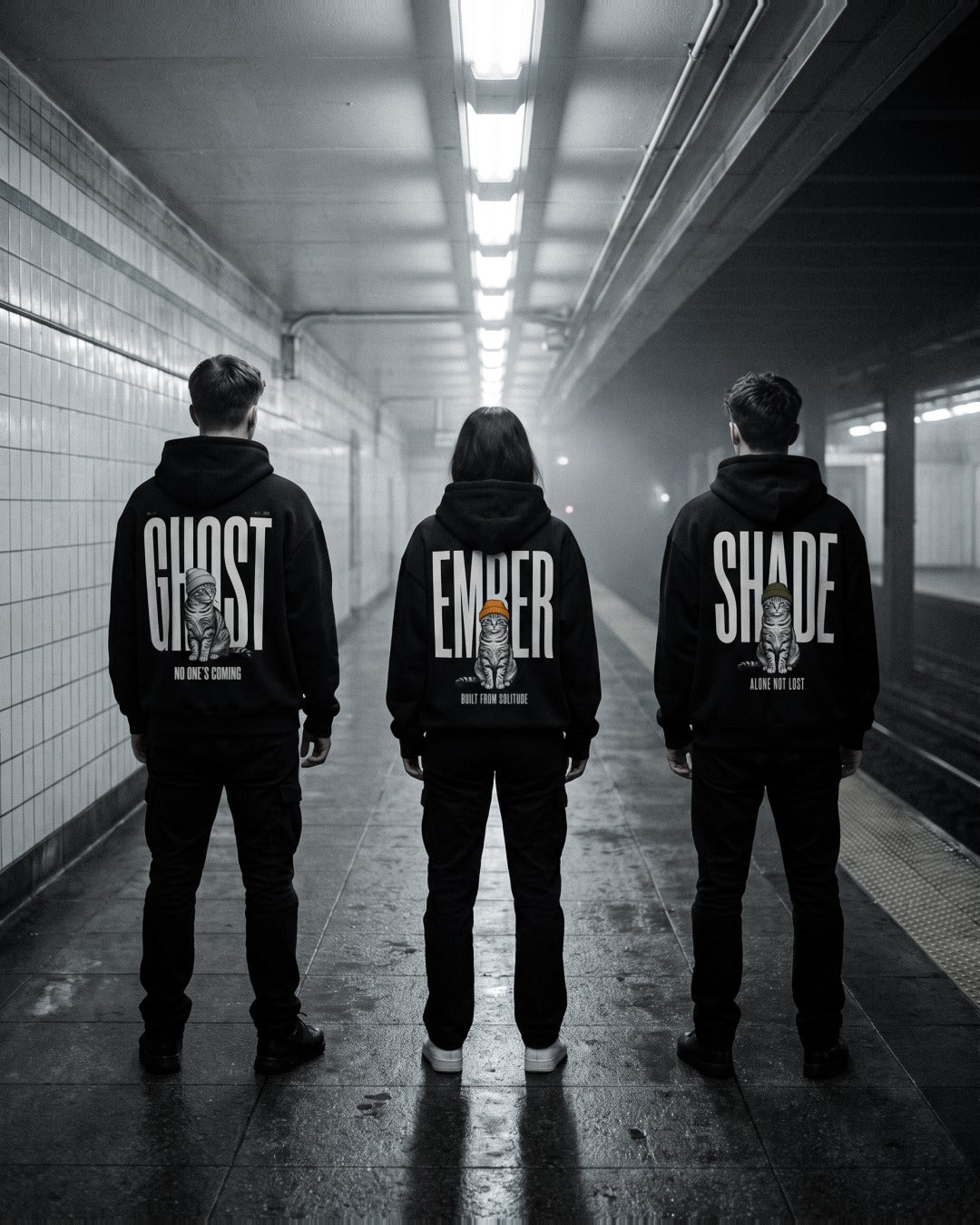 Ghost, Ember and Shade back print hoodies on a subway platform