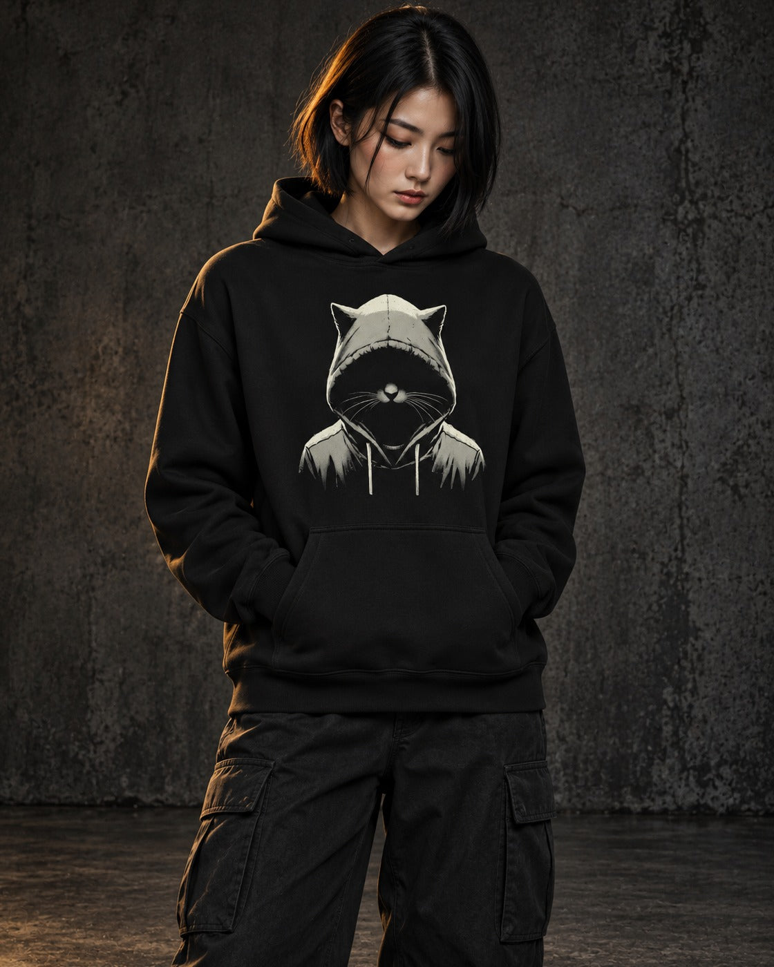 Out of the Dark Hoodie, worn, front print, black — AI-generated visual