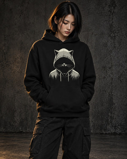 Out of the Dark Hoodie, worn, front print, black — AI-generated visual