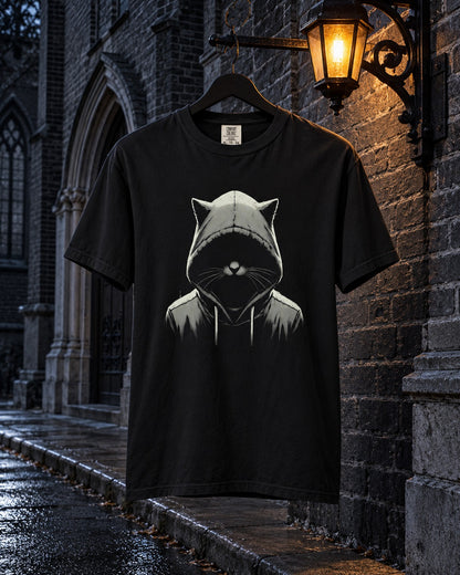 Out of the Dark Tee, front print, black, hanging under a street lamp on a brick church wall — AI-generated visual