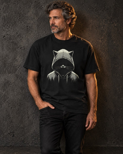 Out of the Dark Tee, worn, front print, black — AI-generated visual