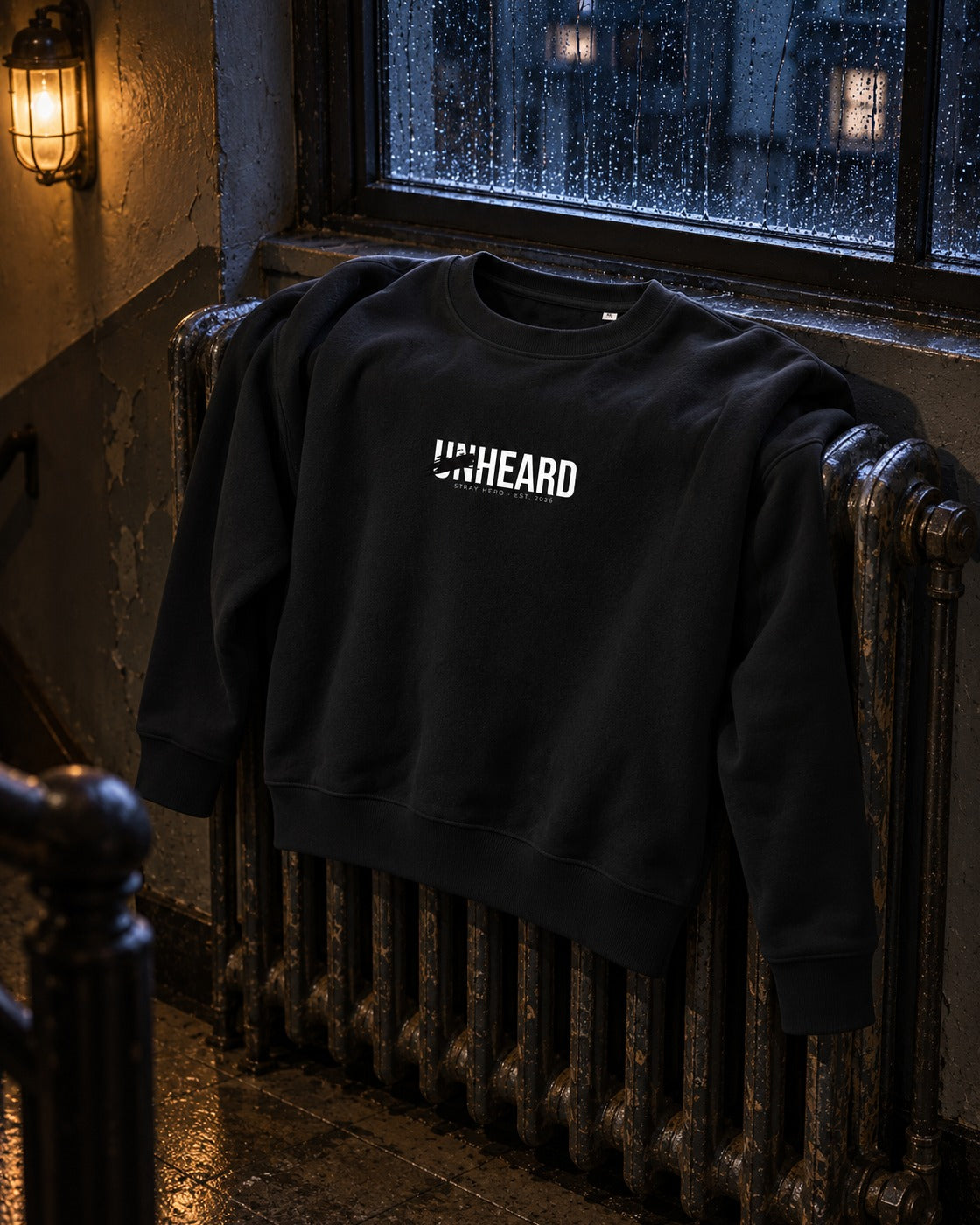 Unheard Sweatshirt, front print, black, draped over a cast-iron radiator under a stairwell window at night — AI-generated visual