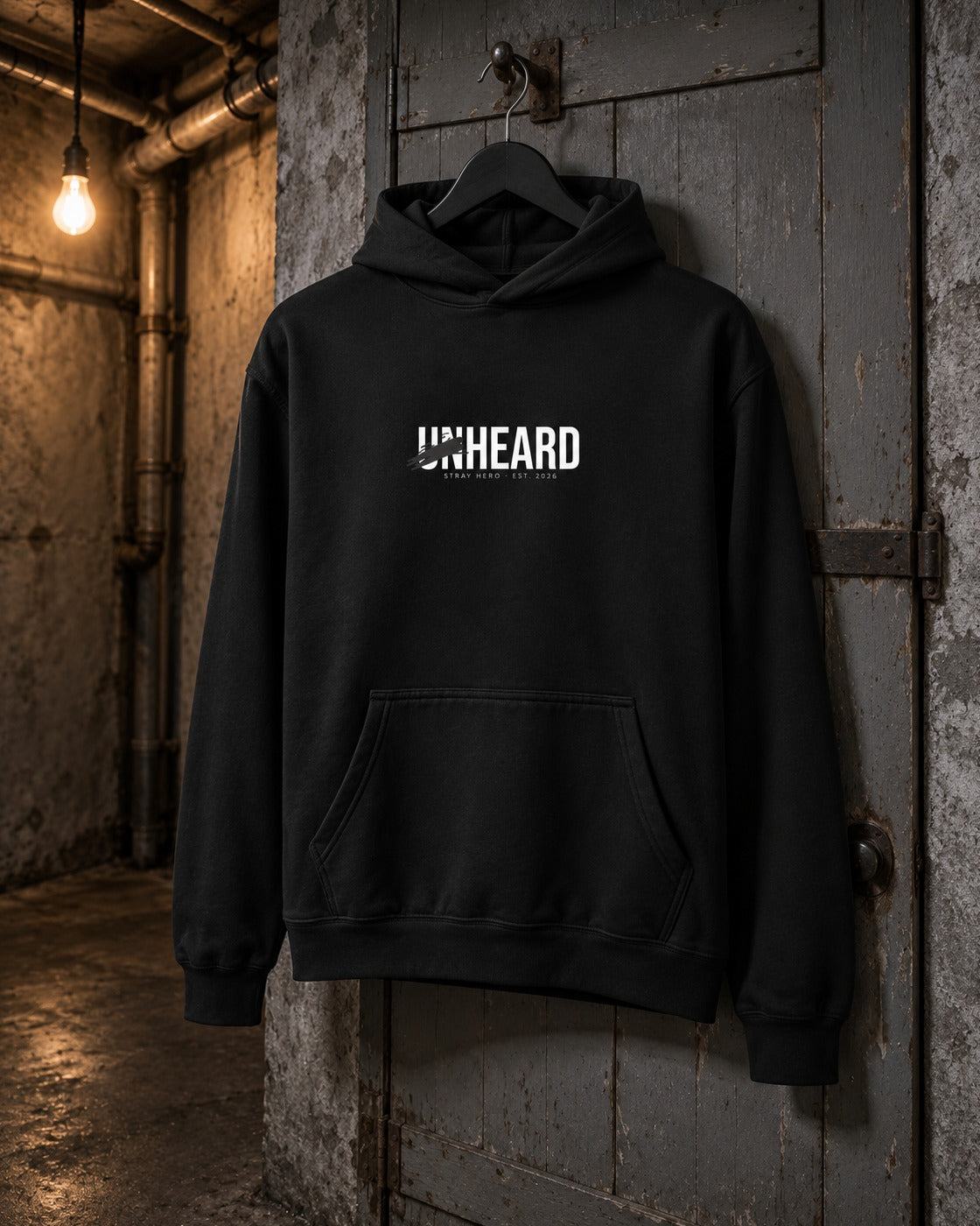 Unheard Hoodie, front print, black, hanging on a cellar door under a bare bulb at night — AI-generated visual