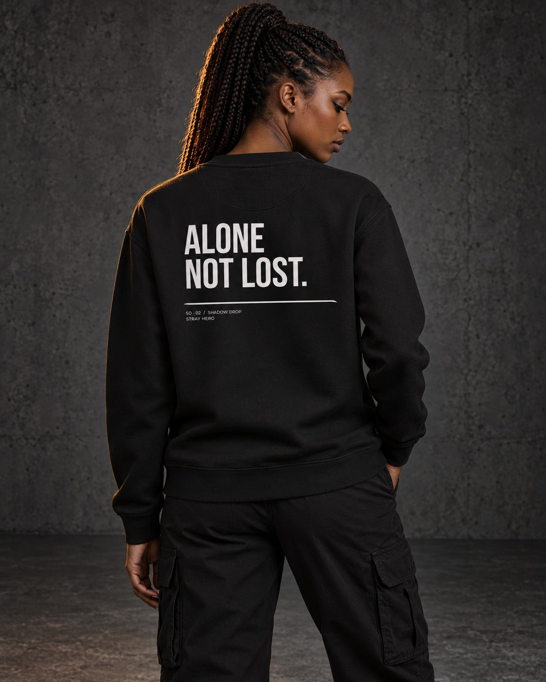 Alone Not Lost Sweatshirt, worn, back print, black — AI-generated visual