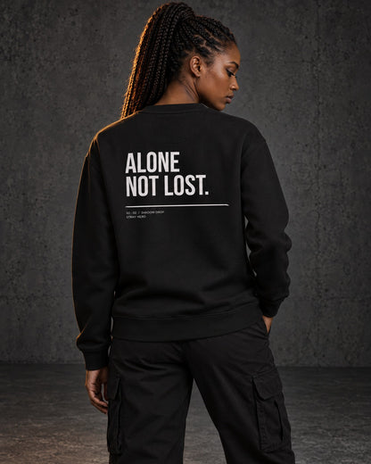 Alone Not Lost Sweatshirt, worn, back print, black — AI-generated visual