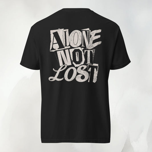 Back print of the Alone Not Lost graffiti tee in black: the words ALONE NOT LOST in heavy hand-cut street lettering