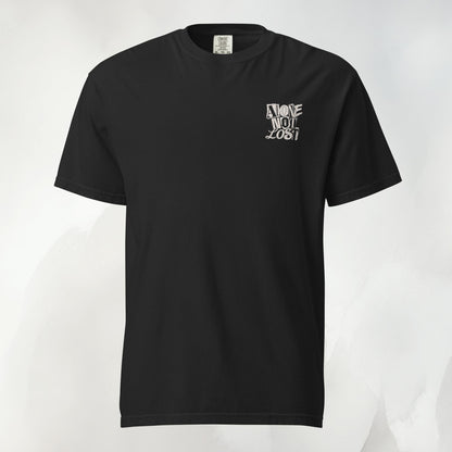 Front of the Alone Not Lost graffiti tee in black, garment-dyed heavyweight cotton, no front graphic