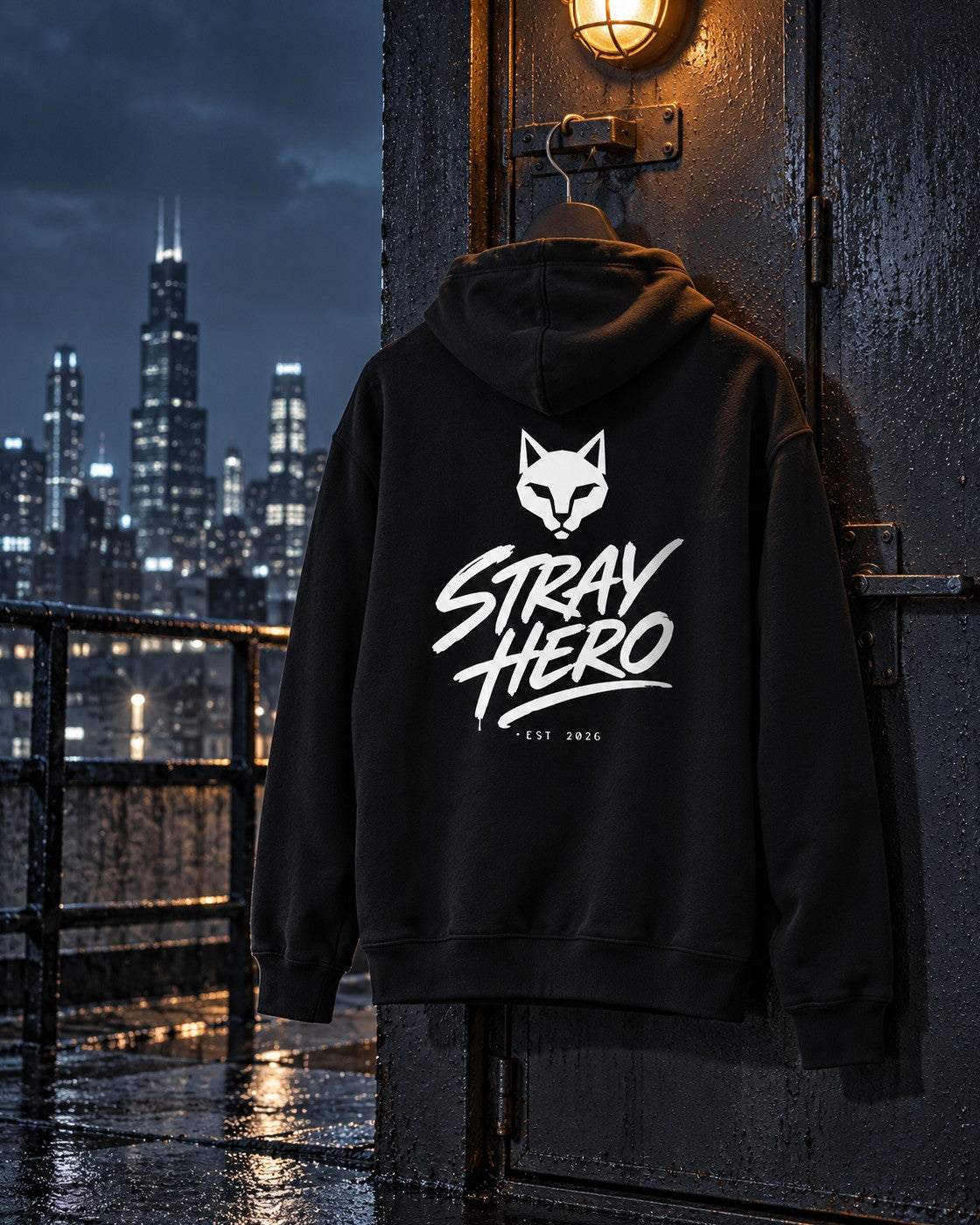 Emblem Hoodie, back print, black, hanging on a rooftop door under a caged lamp with the city skyline at night — AI-generated visual