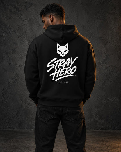 Emblem Hoodie, worn, back print, black — AI-generated visual