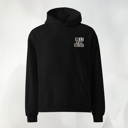 Front of the Built From Solitude paste-up hoodie in black, no front graphic