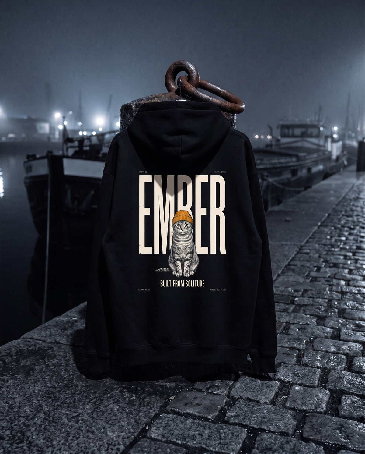 Unit 01 Ember Back Print Hoodie, back print, black, hanging from a mooring ring on a harbour quay at night — AI-generated visual