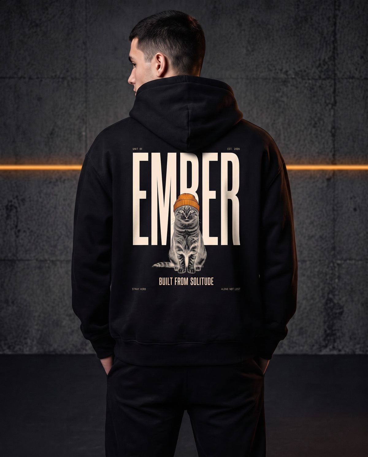 Unit 01 Ember Back Print Hoodie, worn, back print, black — AI-generated visual