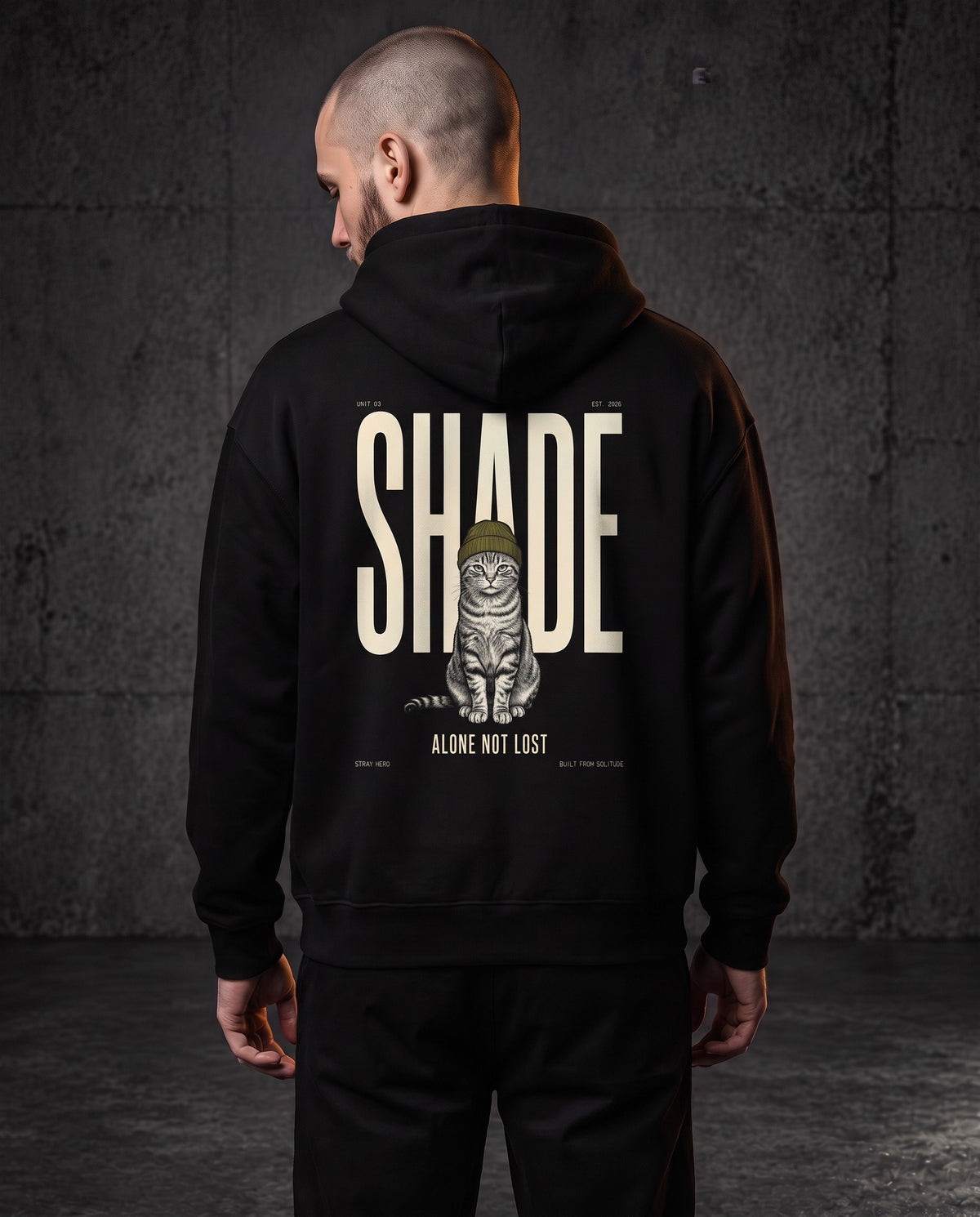 Unit 03 Shade Back Print Hoodie, worn, back print, black — AI-generated visual