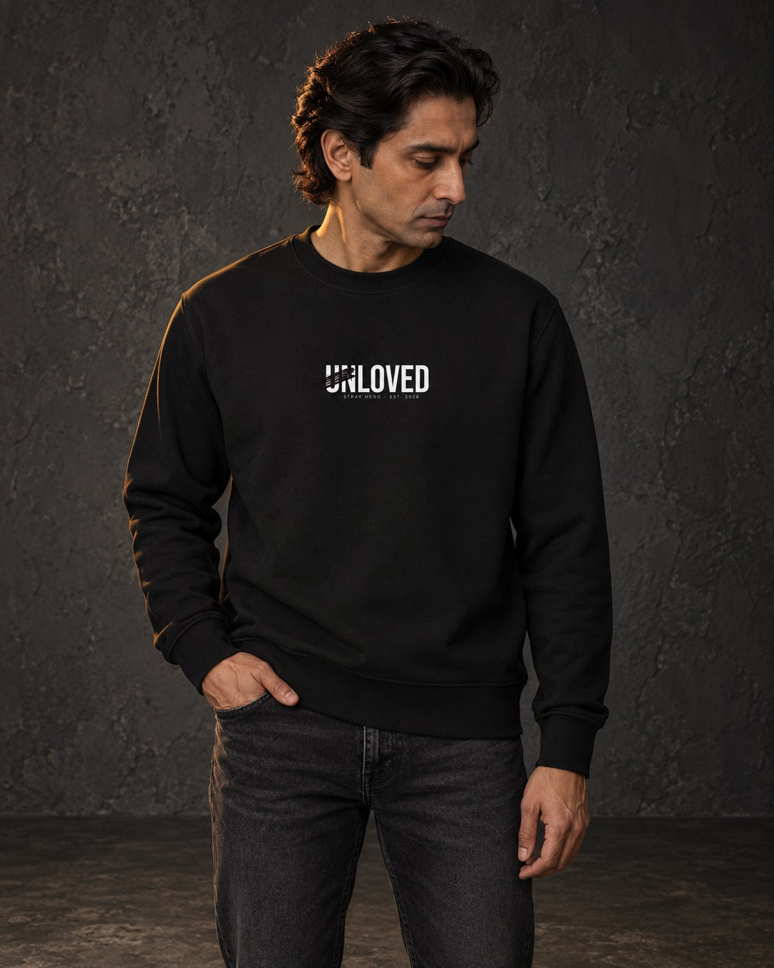 Unloved Sweatshirt, worn, front print, black — AI-generated visual
