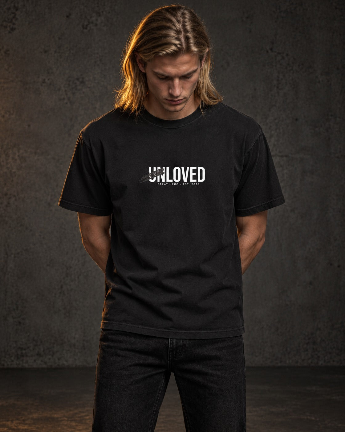 Unloved Tee, worn, front print, black — AI-generated visual
